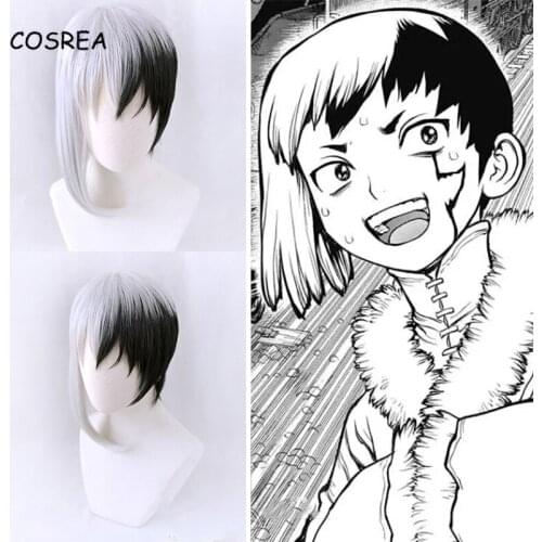 2020 Ainiel Anime Dr.Stone Cosplay Costume Asagiri Gen Black White Wig Synthetic Wig Halloween Party Props Mens Women Hair