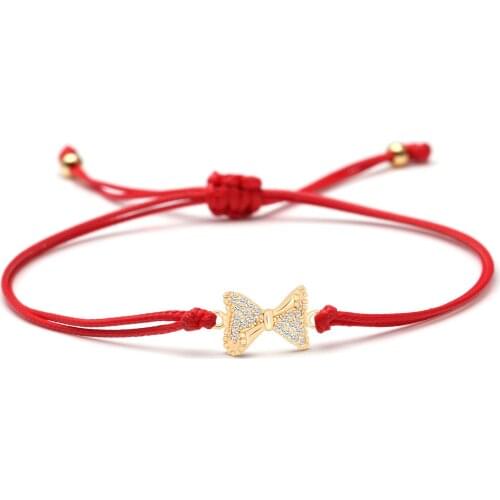 White Zircon Crystal Mini Copper Bow Tie Charm Bracelet Brass Bowknot Sparkling CZ Stone Red Black String Braided Jewelry Gift