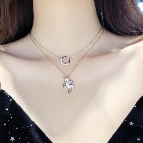 316L Stainless Steel New Fashion Fine Jewelry 2 Layer Zircon Stars Moon Unicorn Charms Chain Choker Necklaces Pendants For Women