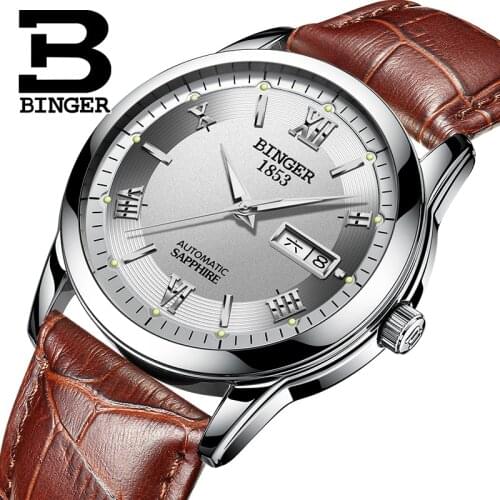 Switzerland Mens Watch Luxury Brand BINGER Wristwatches Luminous Auto Mechanical Leather Strap Waterproof Male Clock B-107M12