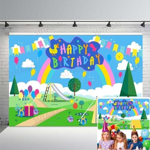 Happy Birthday Backdrop Pig House Rainbow Trees Street Photo Booth Background for Baby Shower Party Decorations Supplies Banner