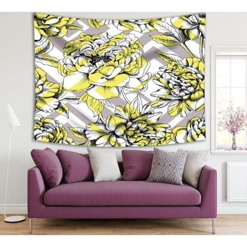 Tapestry Peony Flowers and Squares Geometric Pattern Blossom Decorative Illustration Yellow Gray Black