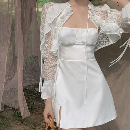 Hstar Spaghetti Strap Slash Neck Summer Split Solid Lace Patchwork Smock Lace-up Elegant Mini Dress Casual Sexy Women Dress