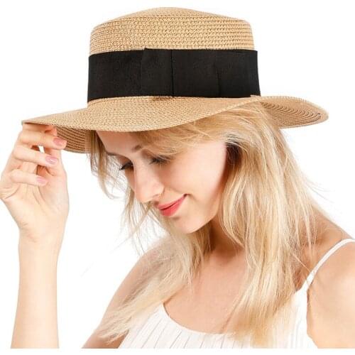 HT3088 New Straw Hat Flat Top Brim Boater Hat Beach Cap Ladies Black Band Summer Sun Hat Female Retro Panama Beach Hat Fedoras