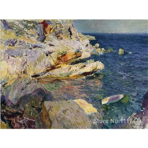 Paintings by Joaquin Sorolla y Bastida Rocks and white boat Javea beach art High quality Hand painted