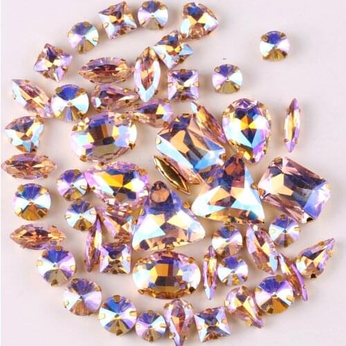 Gold claw setting 50pcs/bag 11 shapes mix Pink AB glass crystal sew on rhinestone Crystals wedding dress shoes bags diy