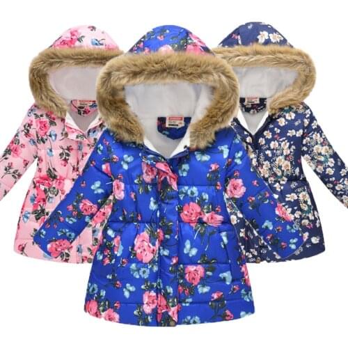 Winter Jacket Kids Girls Cartoon Flowers Print Long Coats Thick Warm Jackets Children Outerwear Coat Baby Girl New Year Clothes