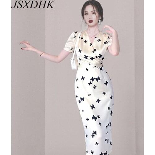 JSXDHK Summer Flower Print Dress Elegant Women V Neck White Short Sleeve Office Ladies Vestidos Slim Waist Bodycon Midi Dresses