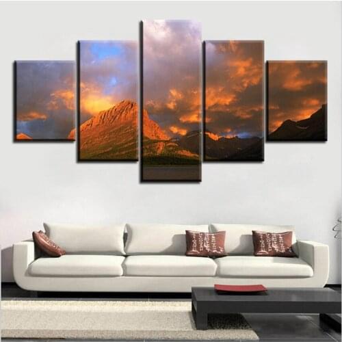 Best 5pc Set wonderful-golden-sunset-mountains NO FRAME Oil Painting Canvas Prints Wall Art Pictures For Living Room Decorations