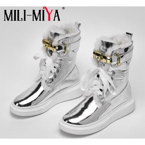 MILI-MIYA Brand Design Women Patent Leather Snow Boots Lace Up Flat Heels Metal Buckle Round Toe Warm Winter Shoes Size 34-39