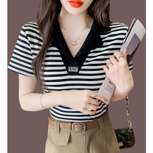 100% Pure Cotton Fashion Polo Collar Slim Slimming Striped T-shirt Womens Short-sleeved 2021 New Summer Crop Top