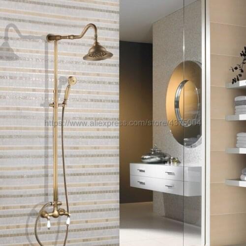 Antique Brass 8 inch Rain Shower head Shower Faucet Set Double Handle Bathroom Shower Mixer Taps Nan515