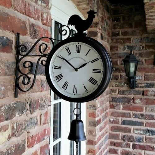 SHGO HOT-Outdoor Garden Wall Station Clock Double Sided Cockerel Vintage Retro Home Decor