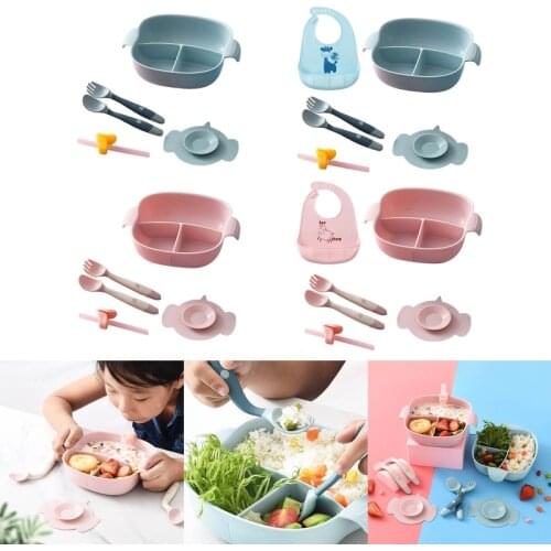 Infant Learning Feeding Training Dinnerware Baby Divided Plate Bowl Suction Cup Dish Spoon Fork Bibs Straw Tableware Set