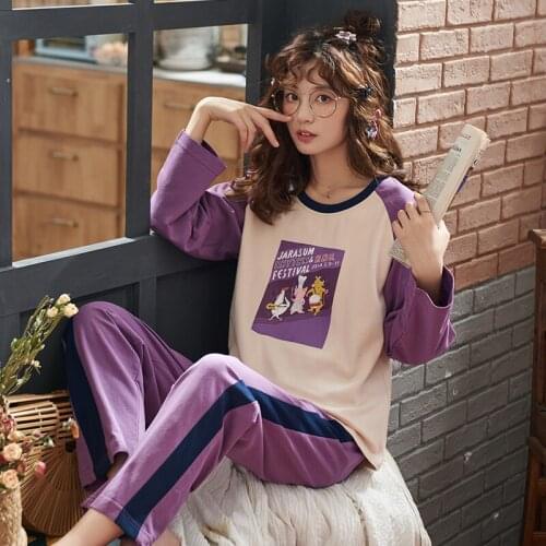 Sleeves Sleepwear 2 Piece Pajamas Sets For Women O-neck Homewear Large Size Pyjama XXL BZEL Autumn Women Pajamas Cotton Long