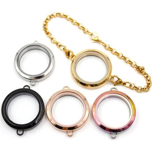 Wholesale 25mm, 30mm Magnetic Closure Plain 316L Stainless Steel Floating Locket Bracelet with Matching Rolo Chain