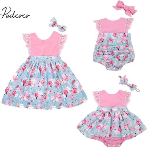 Citgeett Family Baby Girls Kids Floral Princess Dress Lace Romper Summer Headband Clothes Set 0-24M