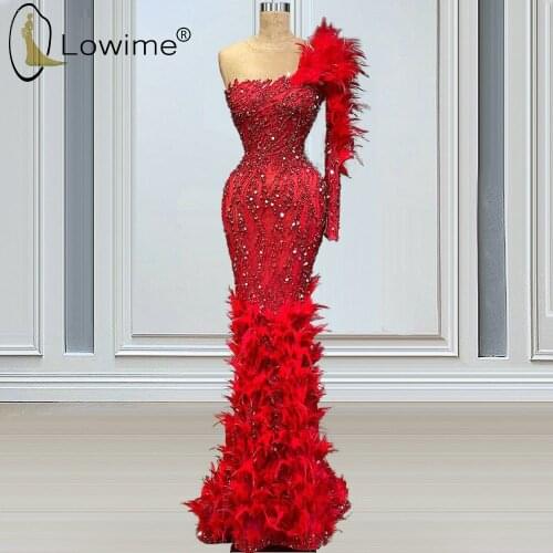 Luxury Major Beading Red Single Long Sleeve Mermaid Evening Dresses 2021 Floor Length Feathers Prom Party Gowns Abendkleider