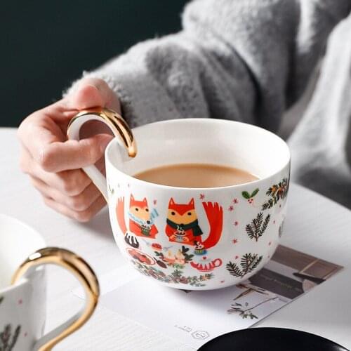 Christmas Ceramic Coffee Creative Lovely Squirrel Gold Handle Milk Cup Festival Gift Coffee Mugs Set Round Tea Cup 380ML