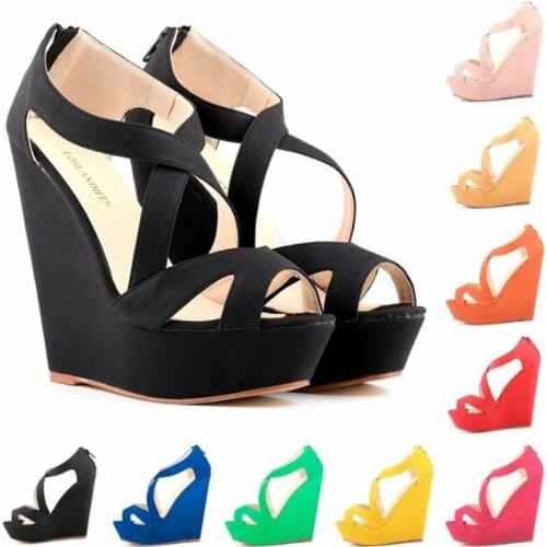 Gladiator Women Sandals Summer Office Wedges High Heels Round Toe Flock 14CM Slip On ZIP zapatos de mujer women shoes size 35-42