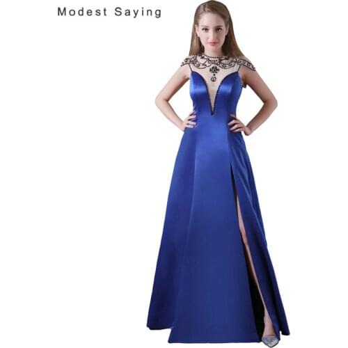 Sexy See Through Split Royal Blue A-Line Beaded Evening Dresses 2017 Long Engagement Party Prom Gown vestido longo de festa A011