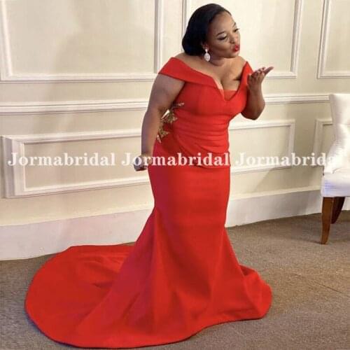 Off Shoulder Red Evening Dresses With Exquisite Gold Appliques Plus Size Mermaid Satin Wedding Party Gowns vestidos de cerimonia