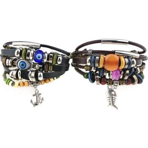2PCS Vintage Punk Wrap Wristbands Multilayer Leather Bracelet Eye Fish Charms Beads Bracelets for Men Women Personality Gift