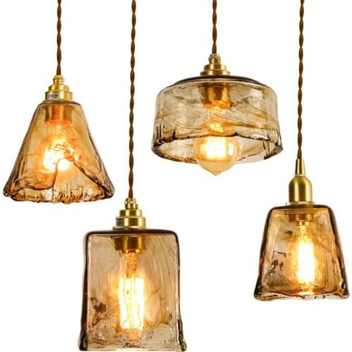 Vintage Bar Amber Glass Pendant Lights Bedroom Homestay Table Brass Lamps Single-head Hanging Lights Restaurant Deco Lighting