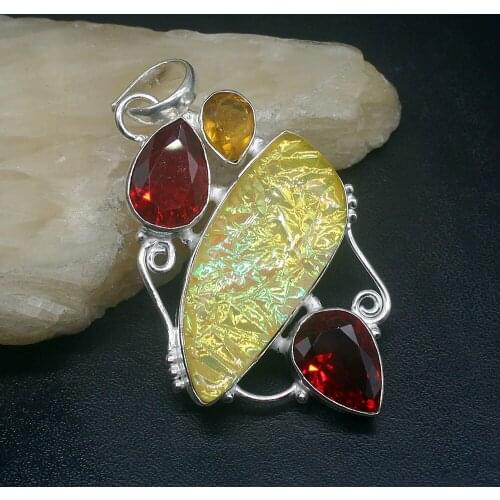 Gemstonefactory Jewelry Big Promotion 925 Silver Dichroic Glass Garnet Citrine Gems Women Ladies Gifts Necklace Pendant 0898