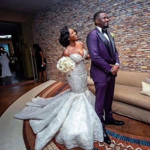 South African Bride Dresses Mermaid Appliques Beadings V-Neck Spaghetti Straps Sheer Back Bridal Style Special Gowns