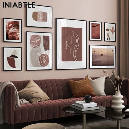 Sunset Hot Air Balloon Flower Plant Landscape Poster Geometric Abstract Canvas Painting Nordic Print Wall Art Picture Room Decor