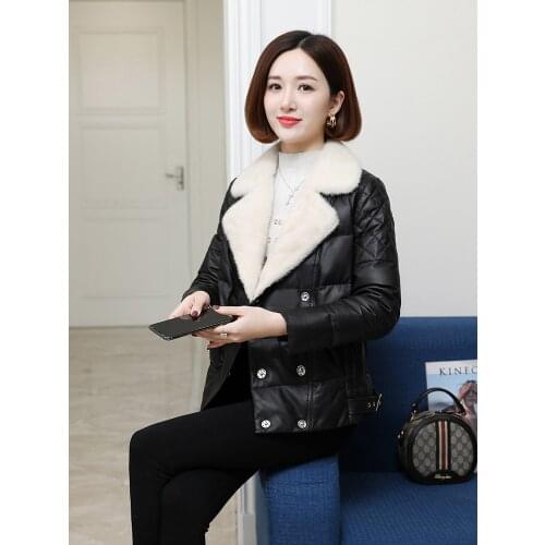 Genuine Sheepskin Leather Jacket Women 90% White Duck Down Womens Winter Jackets Mink Fur Collar Womens Coats Casacos Zjt1354