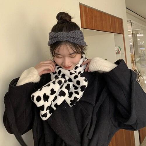 Women Winter Fluffy Warm Cow Print Hoodie Earflap Collar Scarf Storage Bag