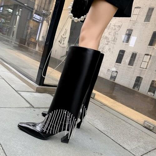 QZYERAI 2021 Designer Crystal Women Genuine Leather Knee High Boots Strange Heels Fall Winter Shoes Lady Fashion Long Booties