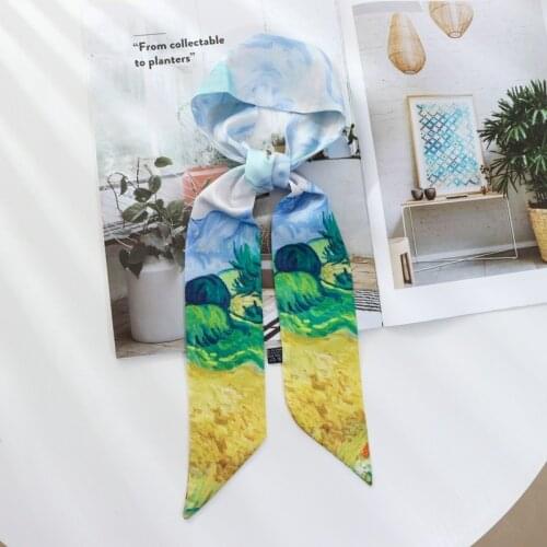 2021 Summer Retro Hair Tied Oil Painting Long Silk Scarf Band Braided Hair Chiffon Thin Ribbon Scarf For Women