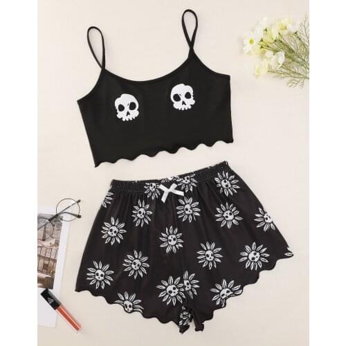 Lady Sleeveless Vest Elastic Waist Short Pants Pajama Set New Style Cartoon Skull Print Camisole With Shorts Sleepwear Home Wear
