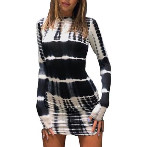 Women Bodycon Dress 2022 Autumn Gradient Color Stripe Print O Neck Sleeve Tie Dye Vestidos Women Clothes Dress
