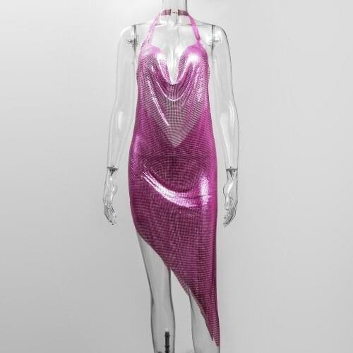 Shiny Sequins Sexy Dress Deep V Neck Backless Metal Chain Halter High Split Women Bodycon Dresses Dance Party Clubwear Chic