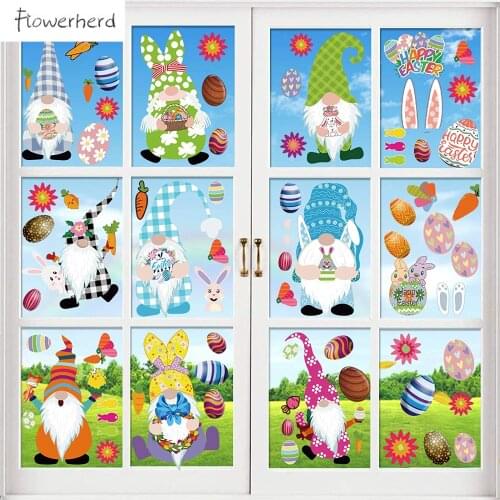 9 Sheets Easter Gnome Window Clings Decals Decorations Gnome Elf Bunny Rabbit Egg Window Sticker Home Party Supplies Fridge
