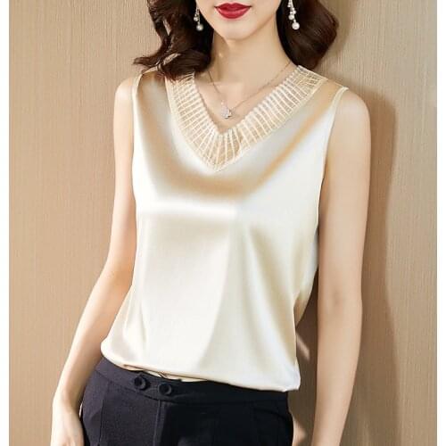 Silk Women Blouses Tops Women Satin Blouse Shirts Woman Elastic Satin Blouse Lace Top Plus Size Woman Hollow Out V-neck Shirt OL