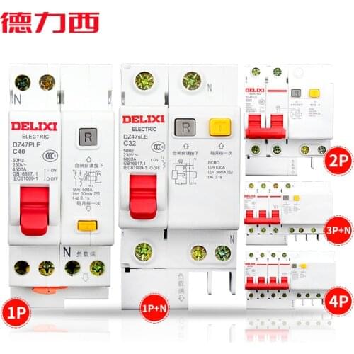 Delixi DZ47SLE 1p 1p+n 2p 3P+n 4P 10-100A400 v residual atual mini disjuntor sobrecarga curto proteção contra escapamento
