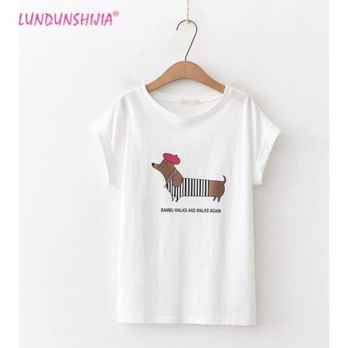 LUNDUNSHIJIA 2019 New Arrival Summer Women 100%Cotton Tops Dachshund Printed Female T-Shirt White Loose T-shirts For Women