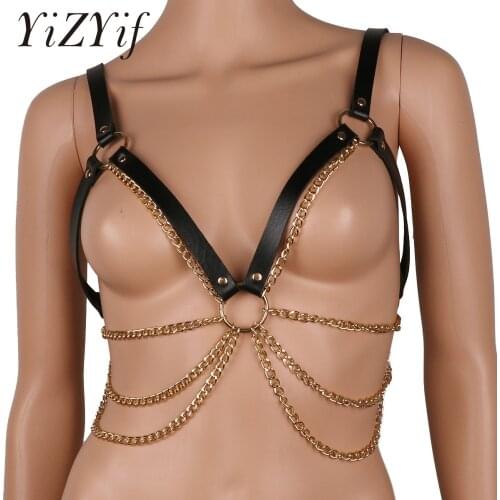 Goth Leather Body Chest Harness Chain Bra Top Chest Waist Belt Witch Gothic Punk Fashion Metal Girl Festival Jewelry Accessories