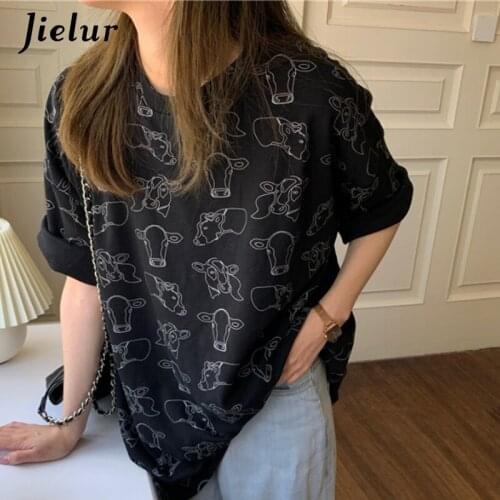 Jielur 2021 New OX Cartoon Print T-shirts Women Summer Casual College Tees Shirt Loose Street Black Short Sleeve T-shirt Female