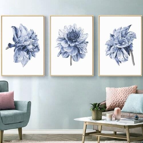 Canvas Painting Farmhouse Flower Posters Prints Navy Blue Wall Art Pictures Modern Bedroom Decoration Living Room Home Decor
