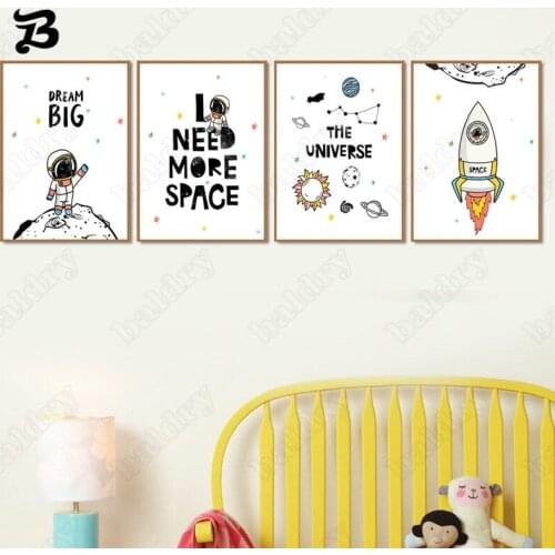 Cartoon Style Wall Art Posters Prints Nordic Style Astronaut and Rocket Dream Big for Childrens Room Canvas Painting Decoration