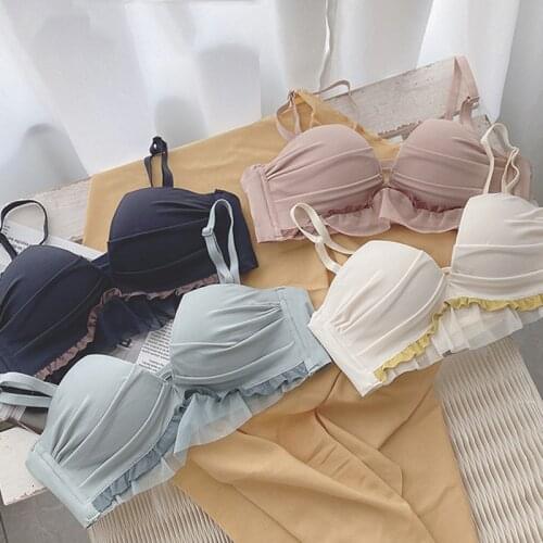 Wasteheart New Women Fashion White Pink Sexy Bras Wireless One-Piece Bras Cotton Panties Padded Bra Sets A B Underwear Mesh