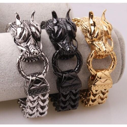 New Arrive Cool Style Stainless Steel Silver Color/Gold/Black 3D Dragon Head Figaro Chain Mens Boys Casting Bracelets Jewelry