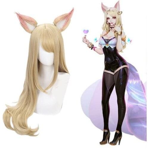 K/DA kda Ahri Nine-Tailed Fox Cosplay Hair Wig + Ear + Wig Cap