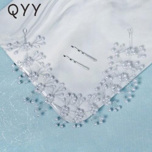 QYY Handmade Flower Pearl Headbands for Women Bridal Wedding Hair Accessories Crystal Bride Headpiece Party Hair Jewelry Gift